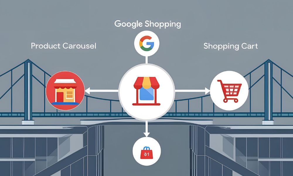 Diagram illustrating Google Merchant Center core components: product data feed, diagnostics, Google Ads linking