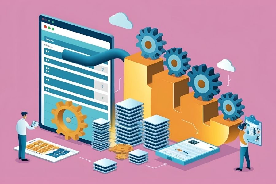 Illustration of a data pipeline or a series of gears/funnels processing a spreadsheet or data blocks, culminating in polished, attractive product listings. Conveys transformation and efficiency.