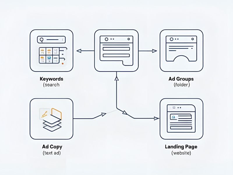 Diagram of Google Ads components: keywords, ad groups, ad copy, landing pages