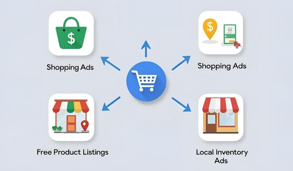 Google Shopping ecosystem showing integration of Merchant Center with Shopping Ads, Free Listings, Local Ads